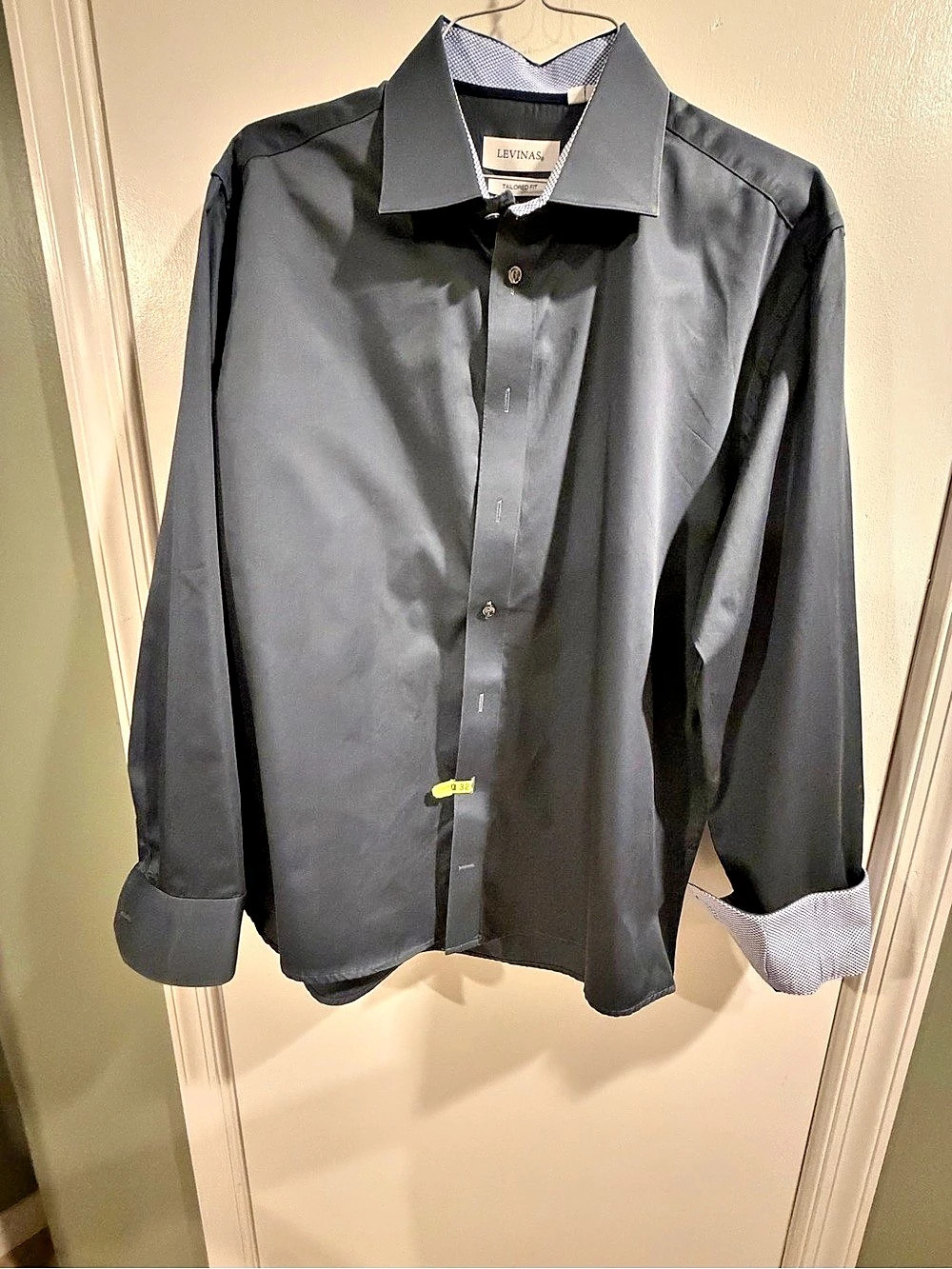 Levinas Tailored Fit Solid Dress Shirt Dark Drey & Blue Cuffs XL
